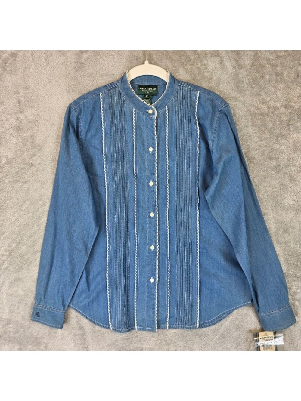 Lauren Jeans Co. Ralph Lauren Button Up Shirt Womens 8P Blue Denim Pintuck VTG
